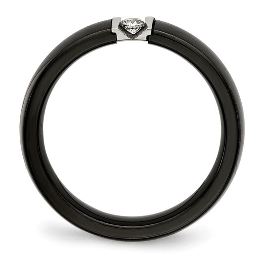 Chisel Stainless Steel Polished and Laser Cut Black Ceramic with CZ Ring