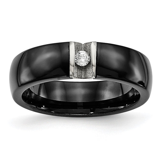Chisel Stainless Steel Polished and Laser Cut Black Ceramic with CZ Ring