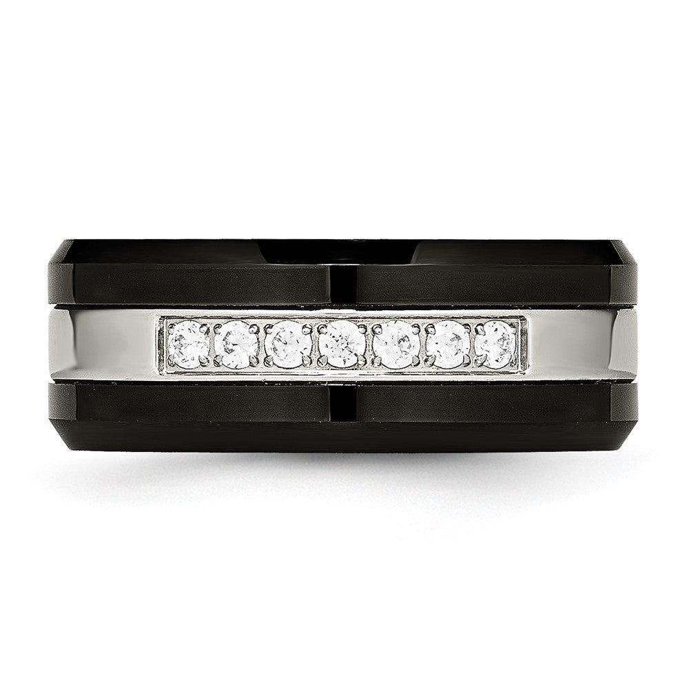 Chisel Stainless Steel Polished Black Ceramic with CZ Beveled Edge Ring