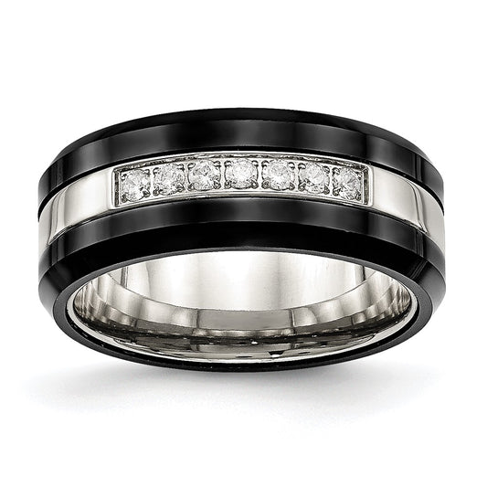 Chisel Stainless Steel Polished Black Ceramic with CZ Beveled Edge Ring
