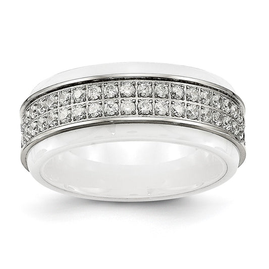 Chisel Stainless Steel Polished White Ceramic CZ Ridged Edge Ring