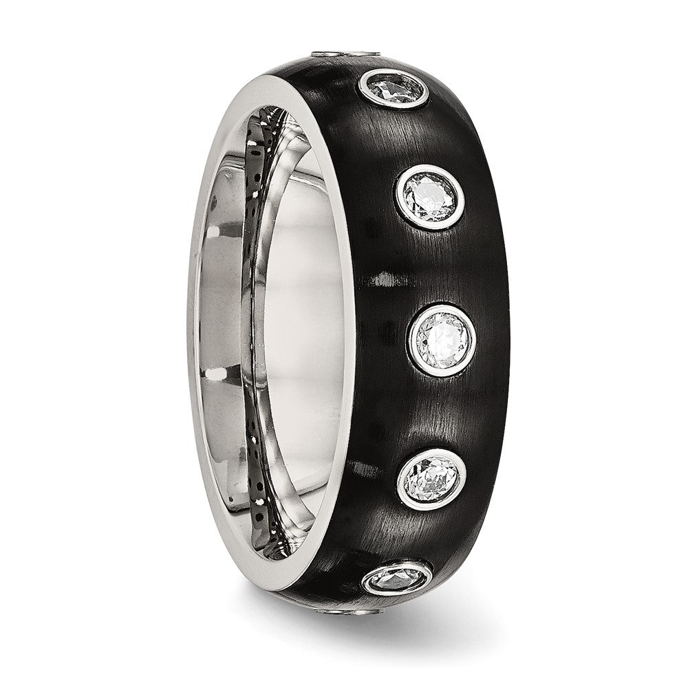Chisel Stainless Steel Brushed and Polished Black IP-plated CZ Half Round 7mm Band