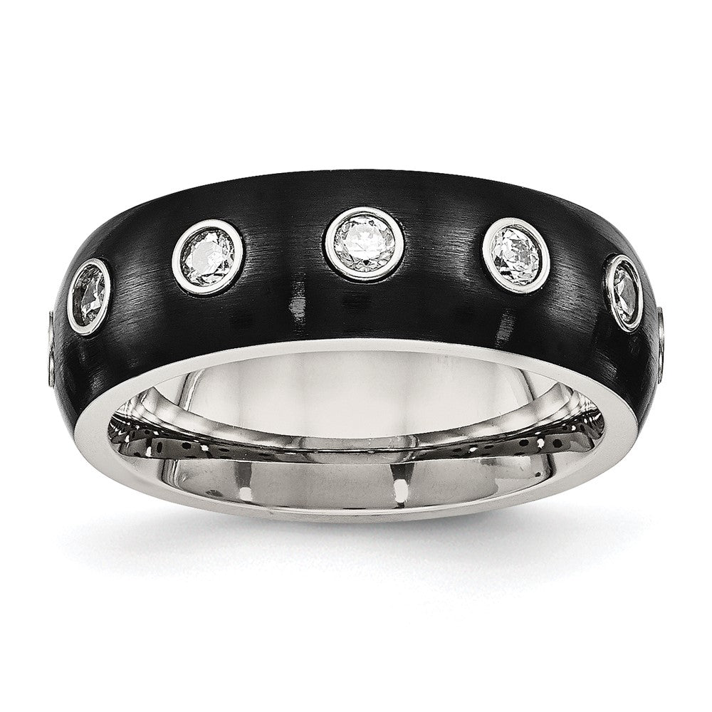 Chisel Stainless Steel Brushed and Polished Black IP-plated CZ Half Round 7mm Band