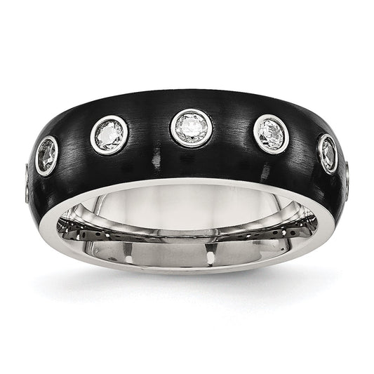 Chisel Stainless Steel Brushed and Polished Black IP-plated CZ Half Round 7mm Band
