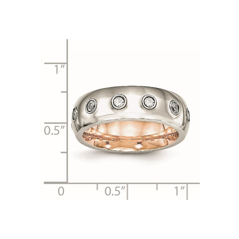 Chisel Stainless Steel Polished Rose IP-plated Inside with CZ Half Round 7mm Band