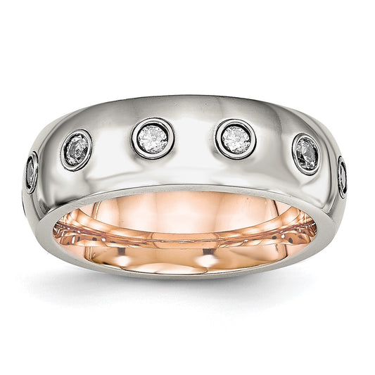 Chisel Stainless Steel Polished Rose IP-plated Inside with CZ Half Round 7mm Band