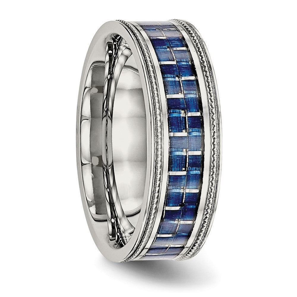 Chisel Stainless Steel Polished with Blue Carbon Fiber Inlay Textured Edge 8mm Band