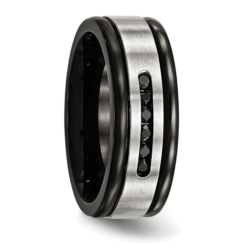 Chisel Stainless Steel Brushed and Polished Black IP-plated and Black CZ 8mm Grooved Band