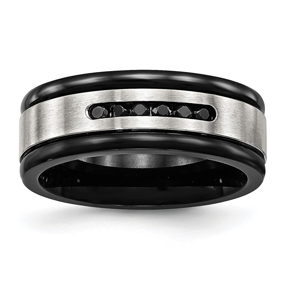 Chisel Stainless Steel Brushed and Polished Black IP-plated and Black CZ 8mm Grooved Band