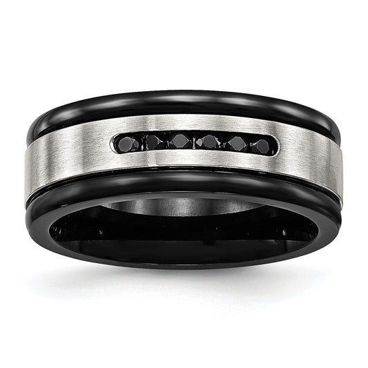 Chisel Stainless Steel Brushed and Polished Black IP-plated and Black CZ 8mm Grooved Band