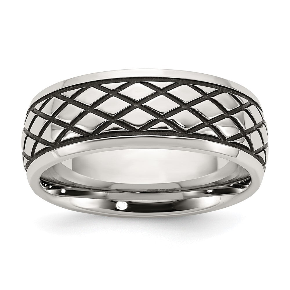 Chisel Stainless Steel Antiqued and Polished Checkered Pattern 8mm Band