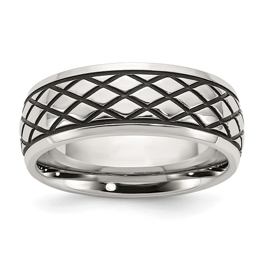 Chisel Stainless Steel Antiqued and Polished Checkered Pattern 8mm Band