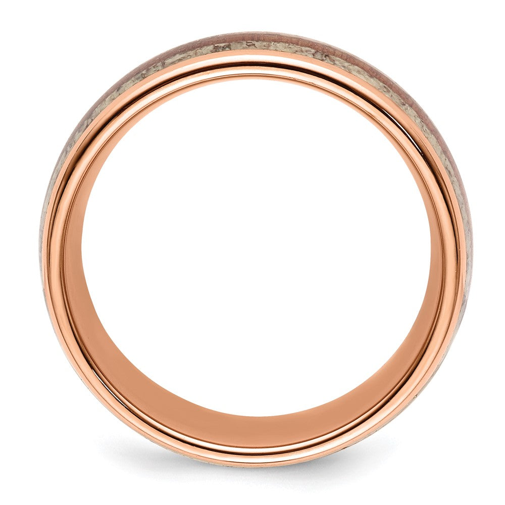 Chisel Stainless Steel Polished Rose IP-plated with Wood and Antler Inlay 8mm Band