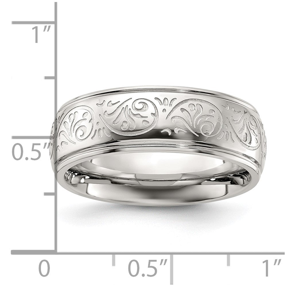 Chisel Stainless Steel Polished Etched Design Ridged Edge 7.5mm Band