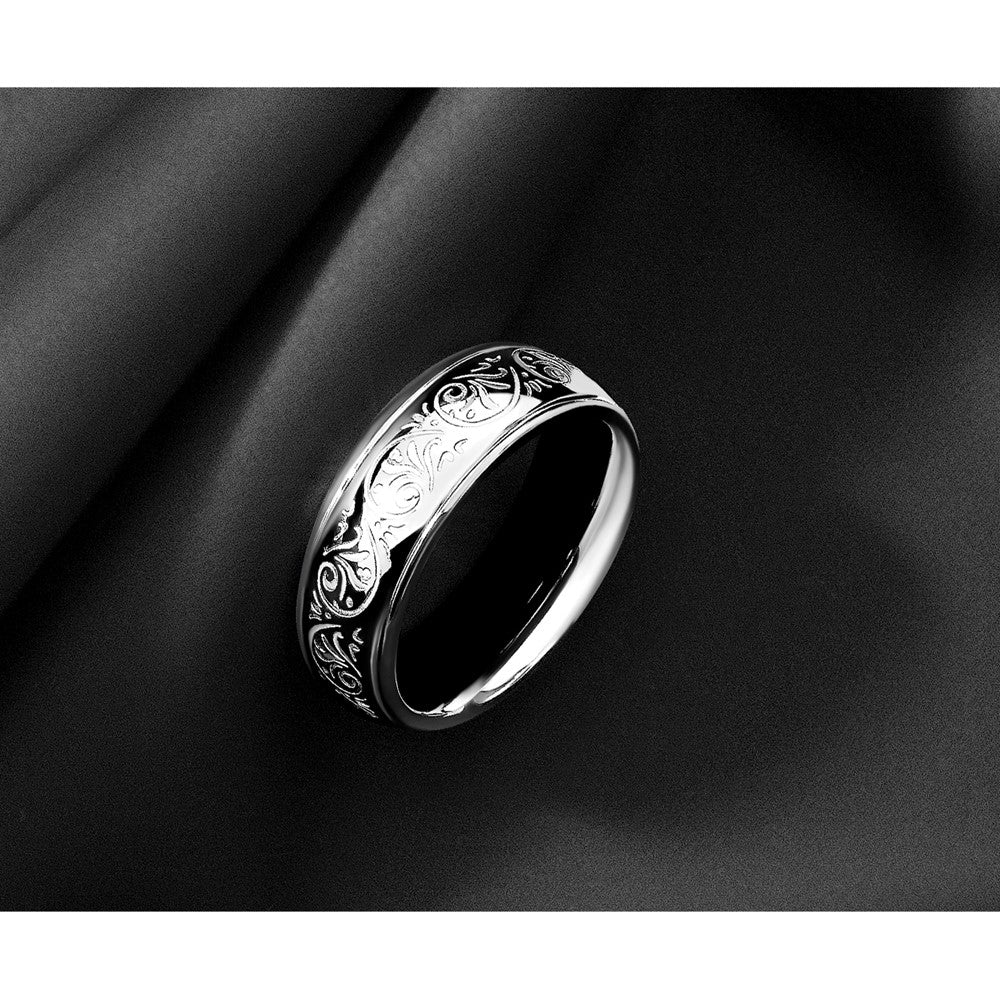 Chisel Stainless Steel Polished Etched Design Ridged Edge 7.5mm Band