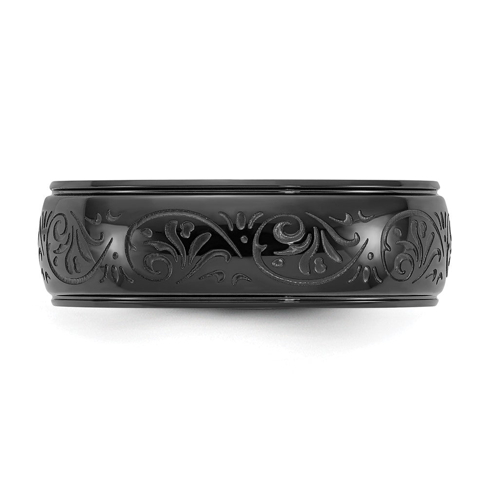 Chisel Stainless Steel Polished Black IP-plated Etched Design Ridged Edge 7.5mm Band