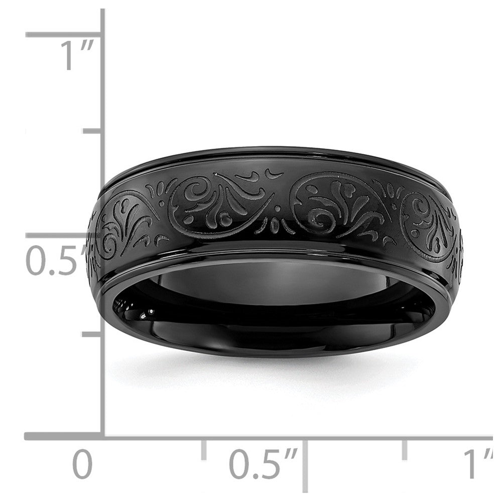 Chisel Stainless Steel Polished Black IP-plated Etched Design Ridged Edge 7.5mm Band