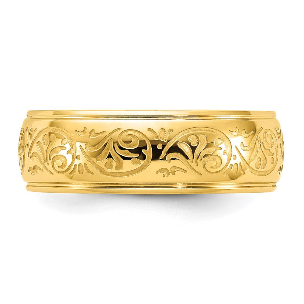 Chisel Stainless Steel Polished Yellow IP-plated Etched Design Ridged Edge 7.5mm Band