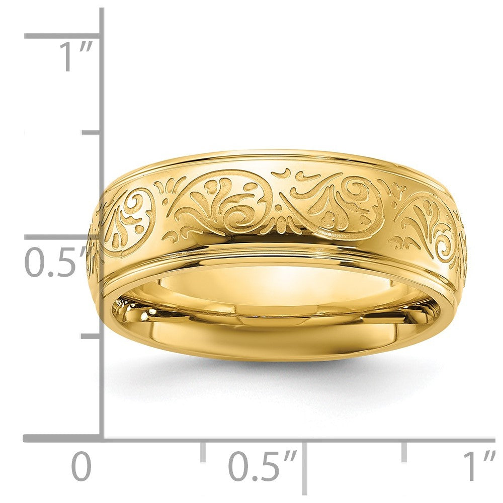 Chisel Stainless Steel Polished Yellow IP-plated Etched Design Ridged Edge 7.5mm Band