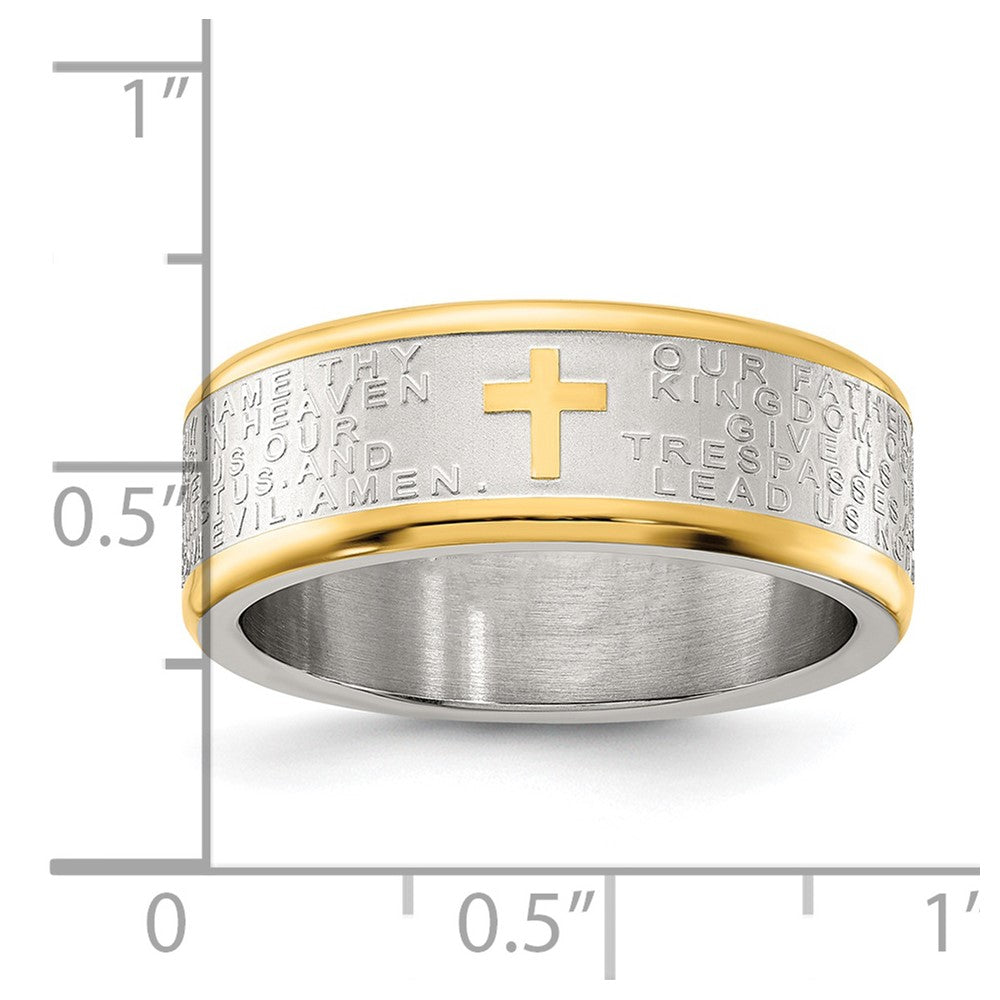 Chisel Stainless Steel Brushed and Polished Yellow IP-plated Lord's Prayer 8mm Band