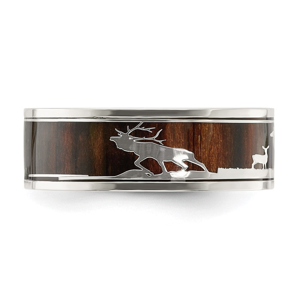 Chisel Stainless Steel Polished with Wood Inlay Deer Design 8mm Band