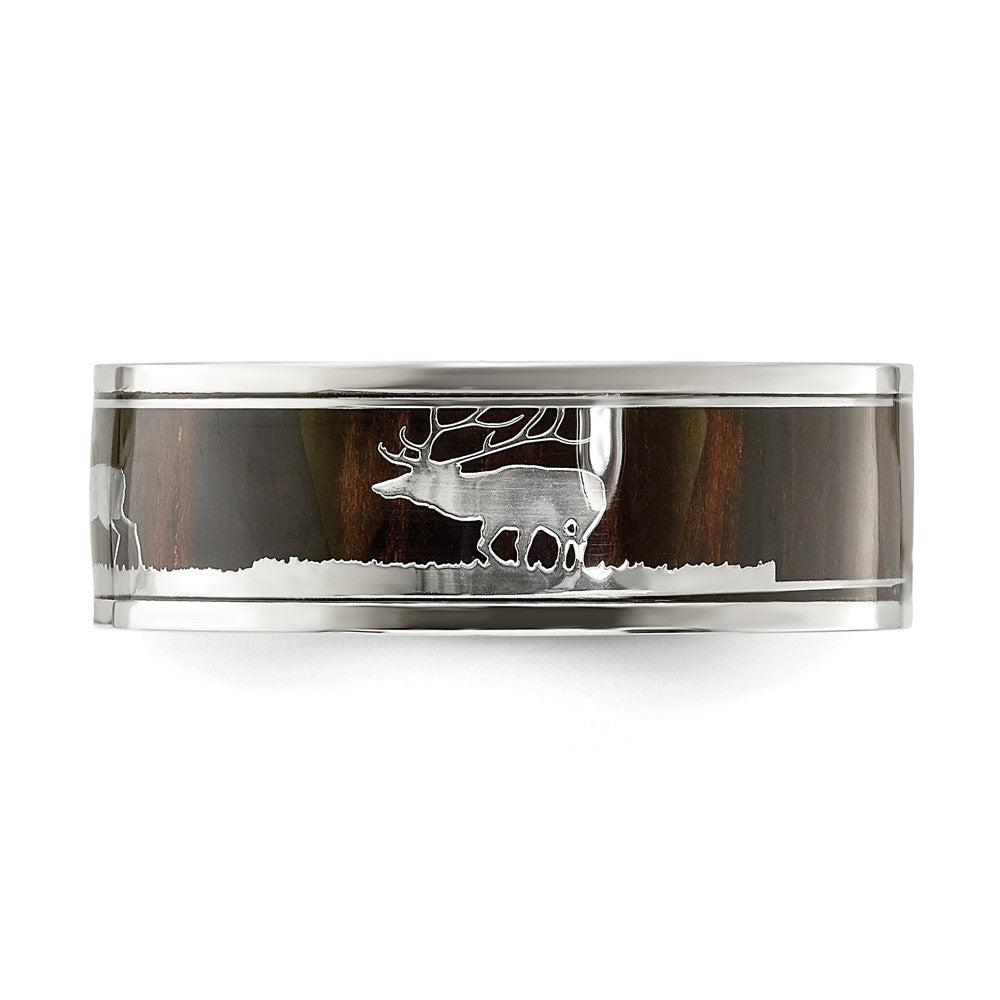 Chisel Stainless Steel Polished with Wood Inlay Deer Design 8mm Band