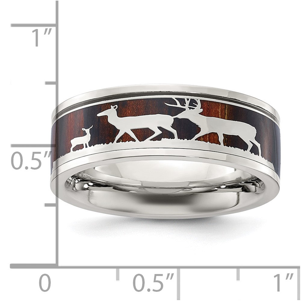 Chisel Stainless Steel Polished with Wood Inlay Deer Design 8mm Band