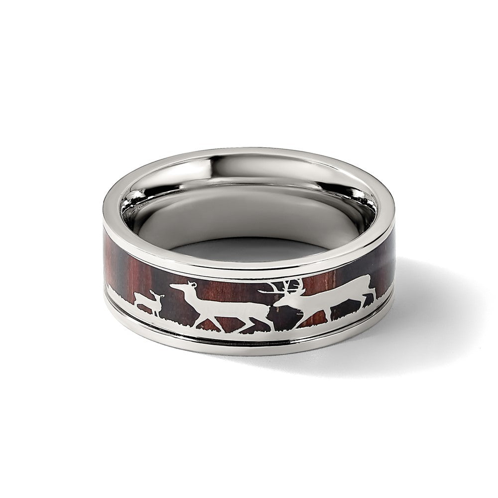 Chisel Stainless Steel Polished with Wood Inlay Deer Design 8mm Band