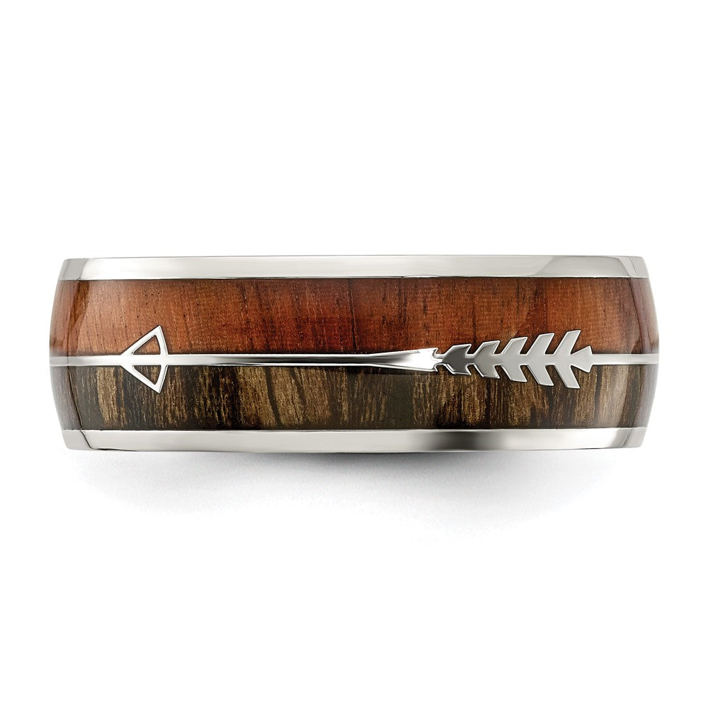 Chisel Stainless Steel Polished with Wood Inlay Arrow 8mm Band