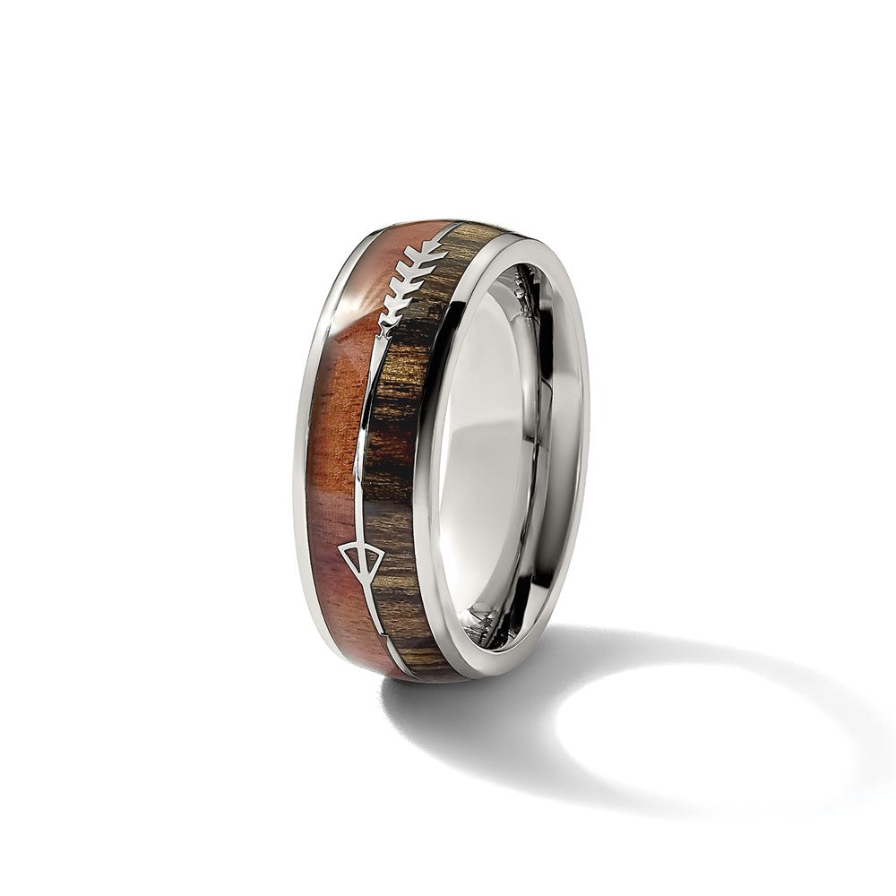 Chisel Stainless Steel Polished with Wood Inlay Arrow 8mm Band