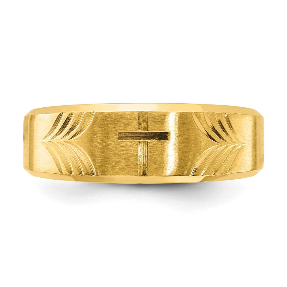 Chisel Stainless Steel Brushed and Polished Yellow IP-plated Diamond-cut Cross 8mm Tapered Band