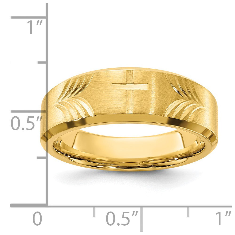 Chisel Stainless Steel Brushed and Polished Yellow IP-plated Diamond-cut Cross 8mm Tapered Band