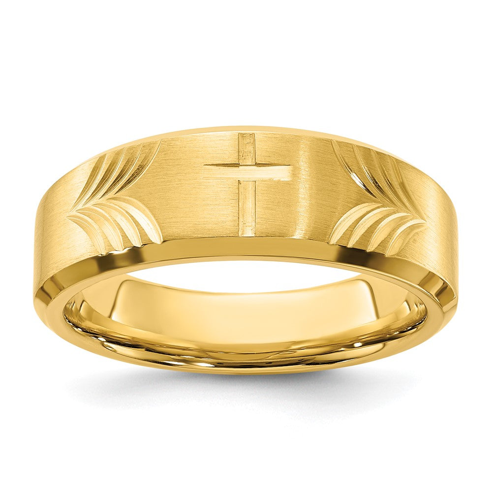 Chisel Stainless Steel Brushed and Polished Yellow IP-plated Diamond-cut Cross 8mm Tapered Band