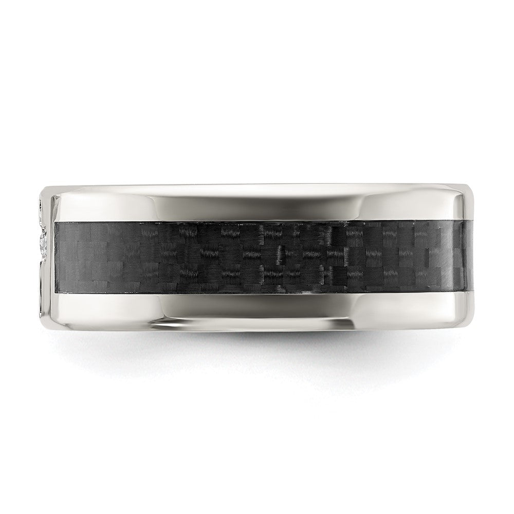 Chisel Stainless Steel Polished with Black Carbon Fiber Inlay CZ Cross 8mm Band