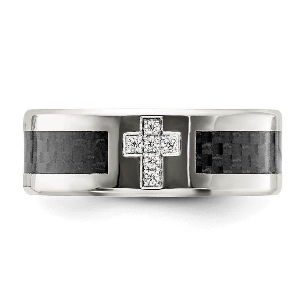 Chisel Stainless Steel Polished with Black Carbon Fiber Inlay CZ Cross 8mm Band