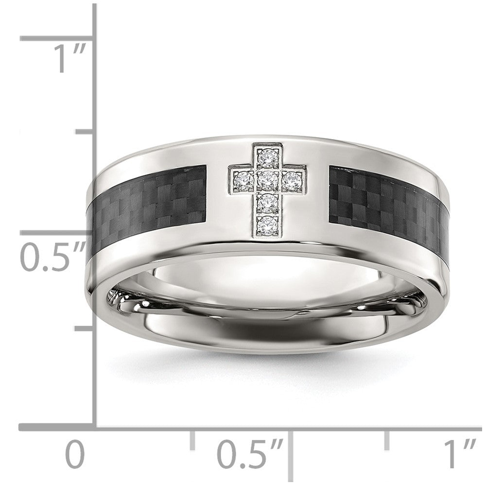Chisel Stainless Steel Polished with Black Carbon Fiber Inlay CZ Cross 8mm Band