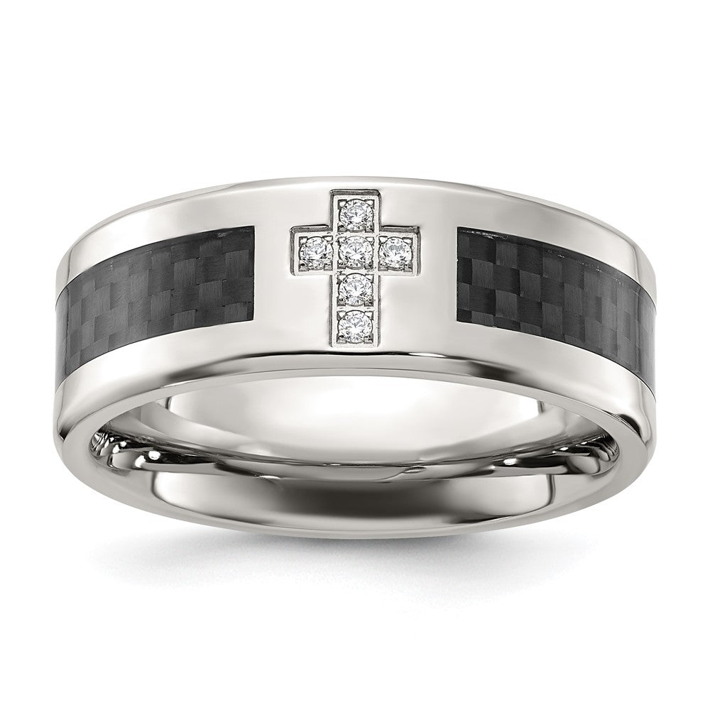 Chisel Stainless Steel Polished with Black Carbon Fiber Inlay CZ Cross 8mm Band