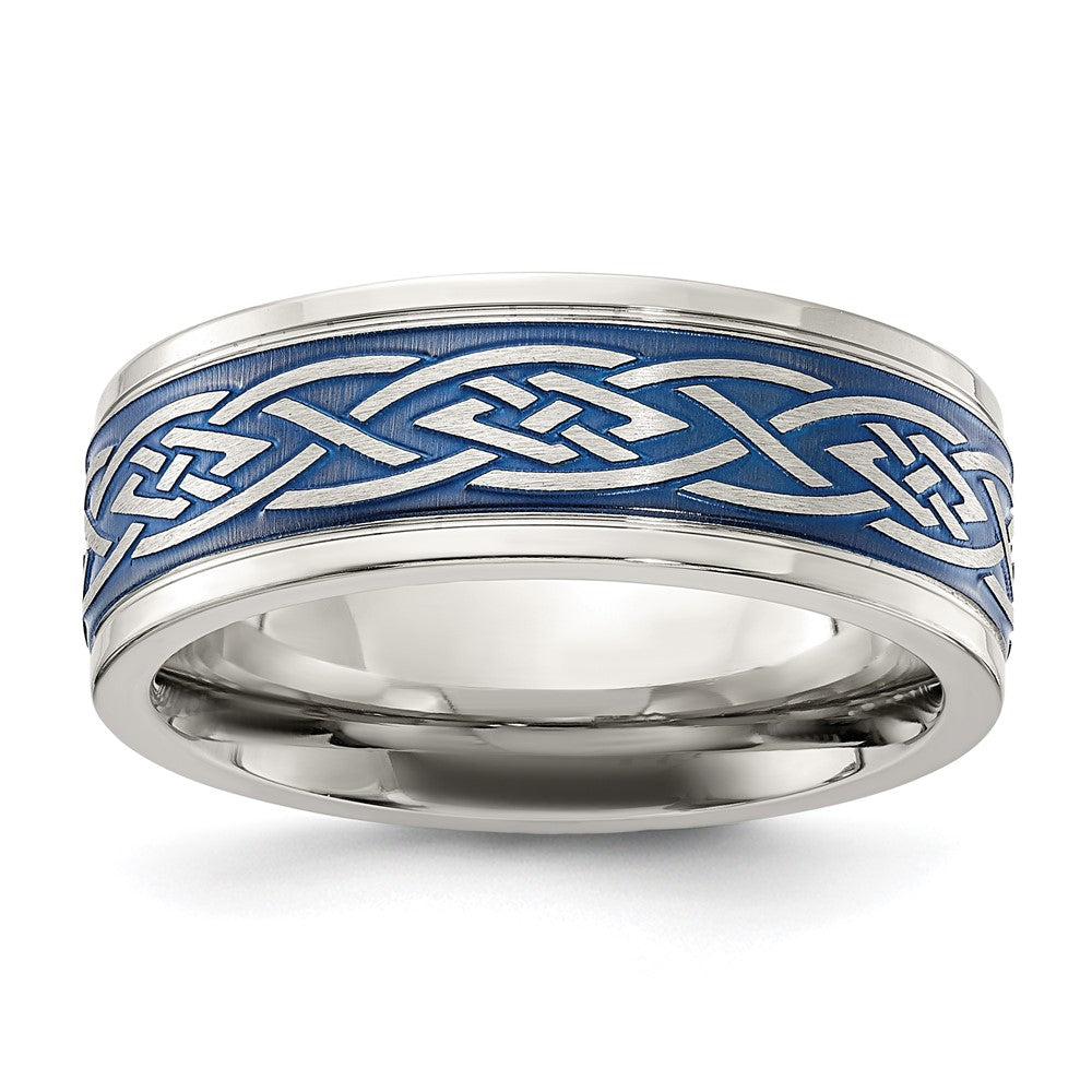Chisel Stainless Steel Polsihed Blue IP-plated Celtic Design 8.00mm Band