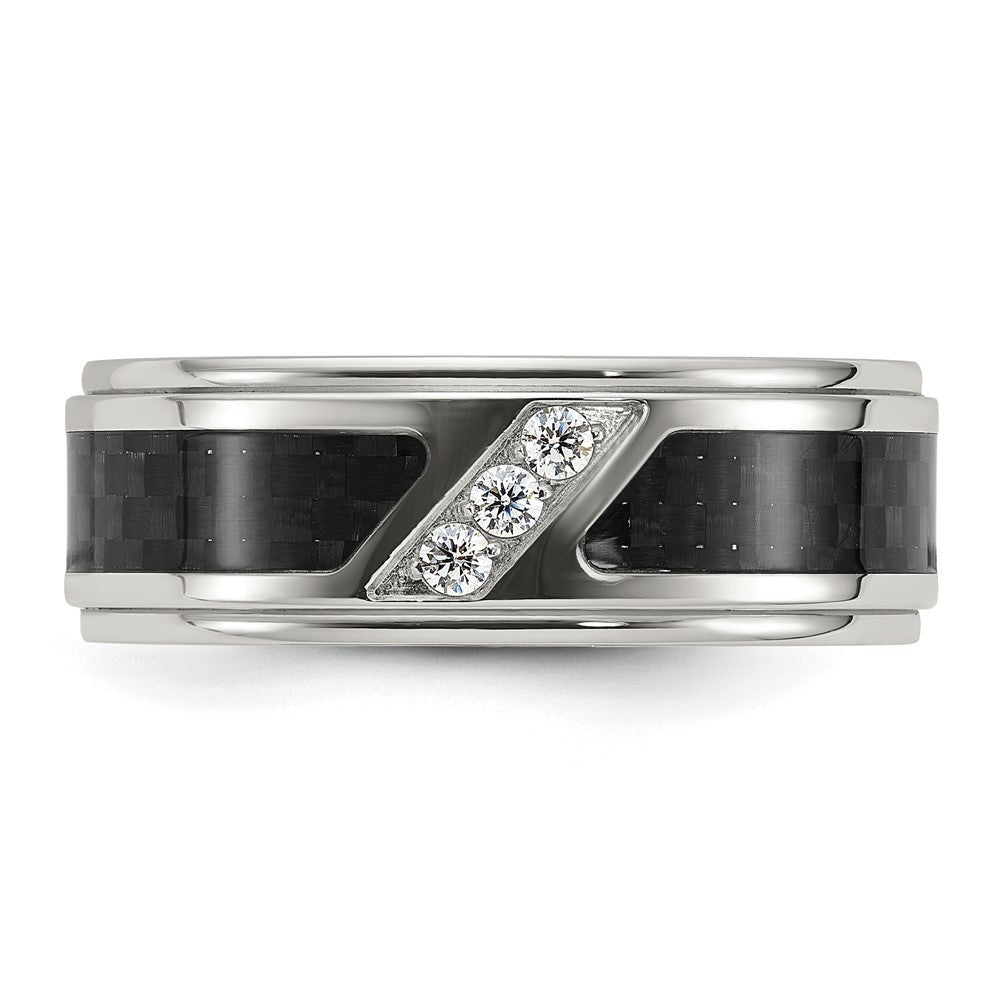 Chisel Stainless Steel Polished with Black Carbon Fiber Inlay and CZ 8mm Band