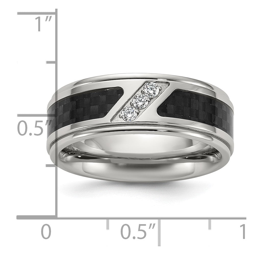 Chisel Stainless Steel Polished with Black Carbon Fiber Inlay and CZ 8mm Band