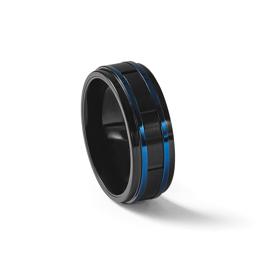Chisel Stainless Steel Polished with Brushed Center Black and Blue IP-plated 8mm Band