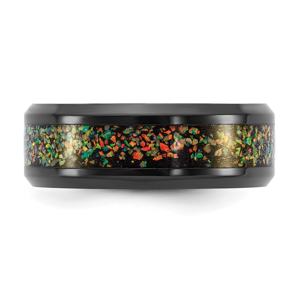 Chisel Stainless Steel Polished Black IP-plated Multi-color Opal Inlay 8mm Band