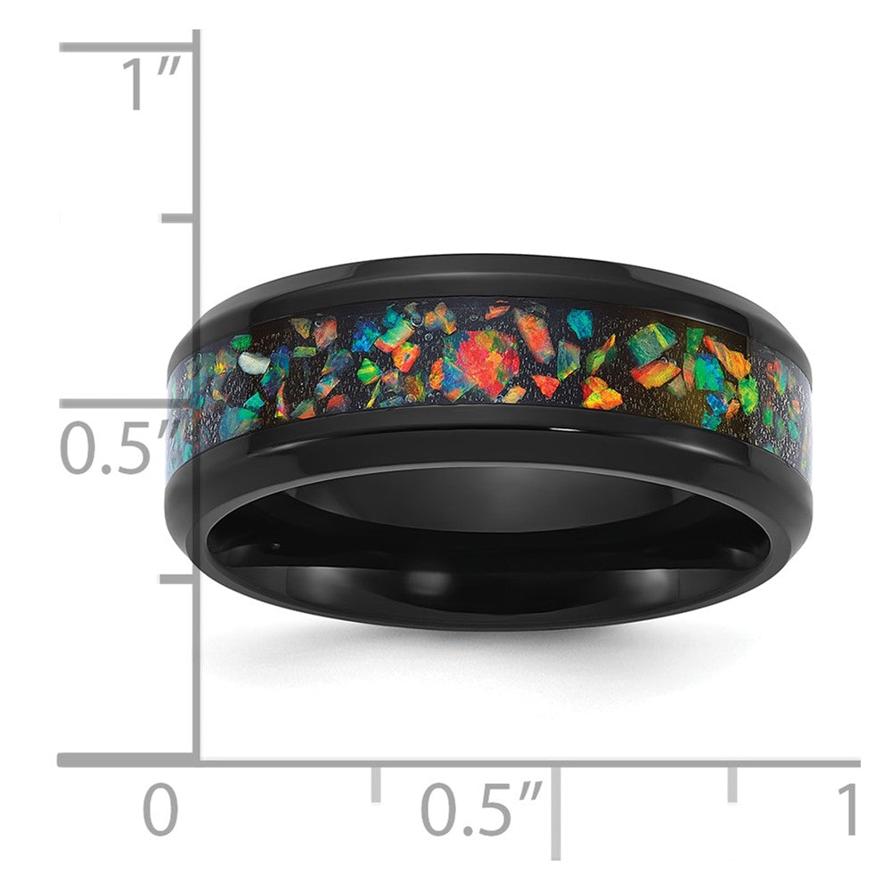 Chisel Stainless Steel Polished Black IP-plated Multi-color Opal Inlay 8mm Band