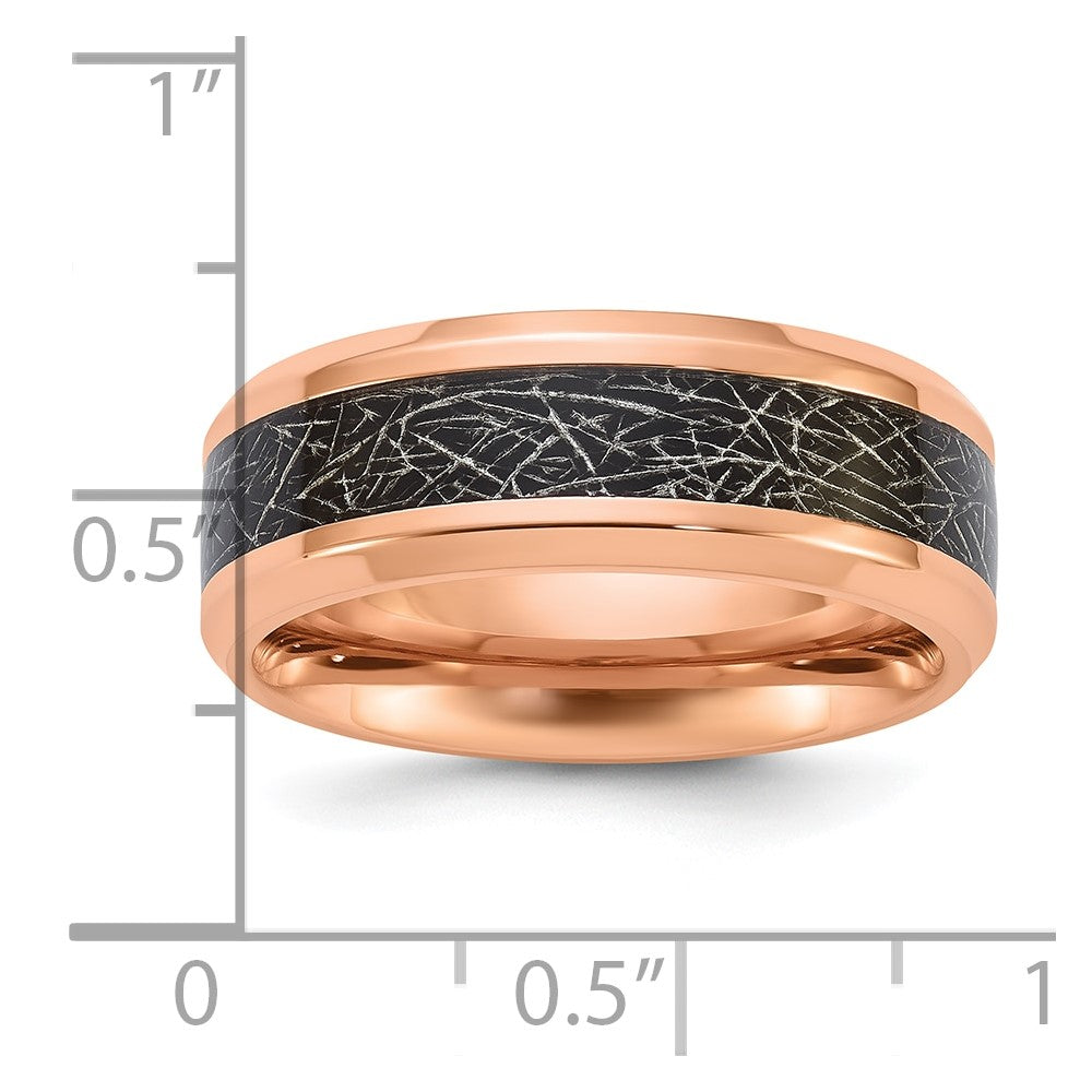 Chisel Stainless Steel Polished Rose IP-plated Synthetic Leather Inlay in Clear Epoxy 8mm Band