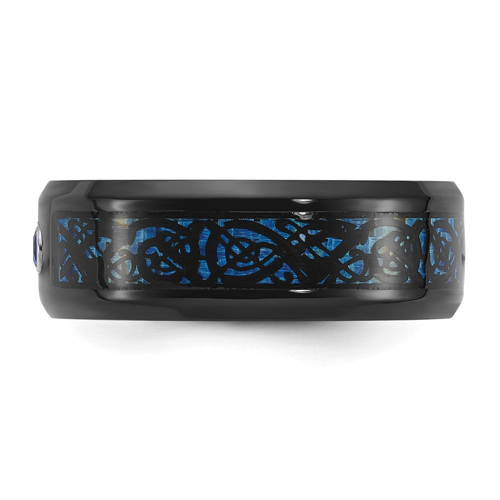 Chisel Stainless Steel Polished Black and Blue IP-plated with CZ Carbon Fiber Inlay in Clear Epoxy 8mm Band