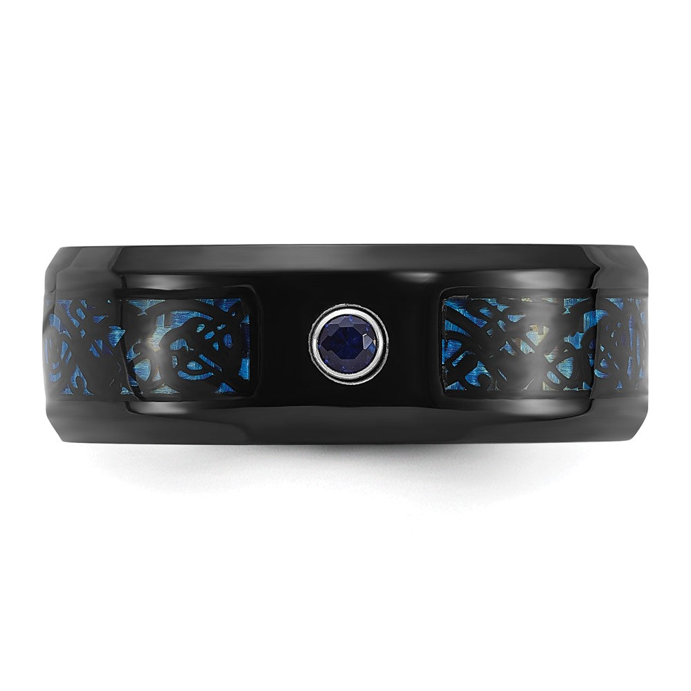 Chisel Stainless Steel Polished Black and Blue IP-plated with CZ Carbon Fiber Inlay in Clear Epoxy 8mm Band