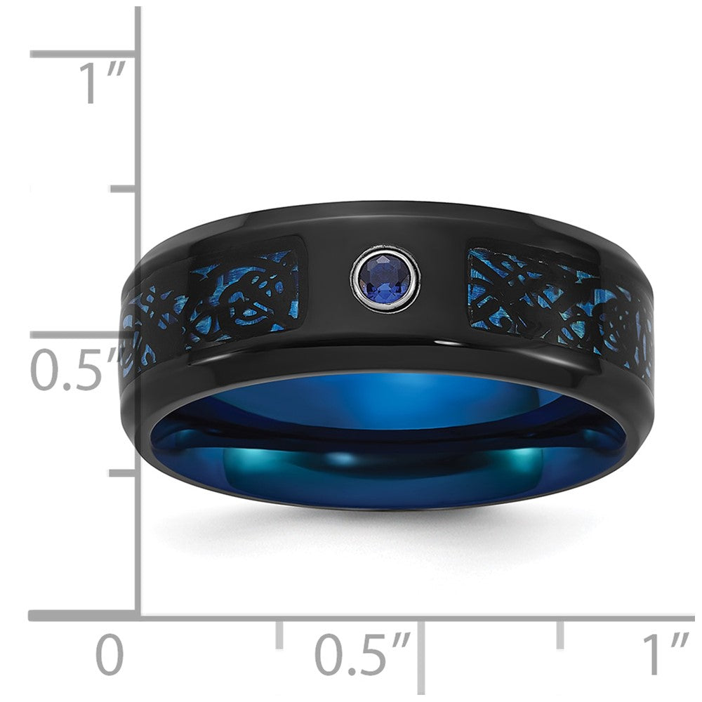 Chisel Stainless Steel Polished Black and Blue IP-plated with CZ Carbon Fiber Inlay in Clear Epoxy 8mm Band