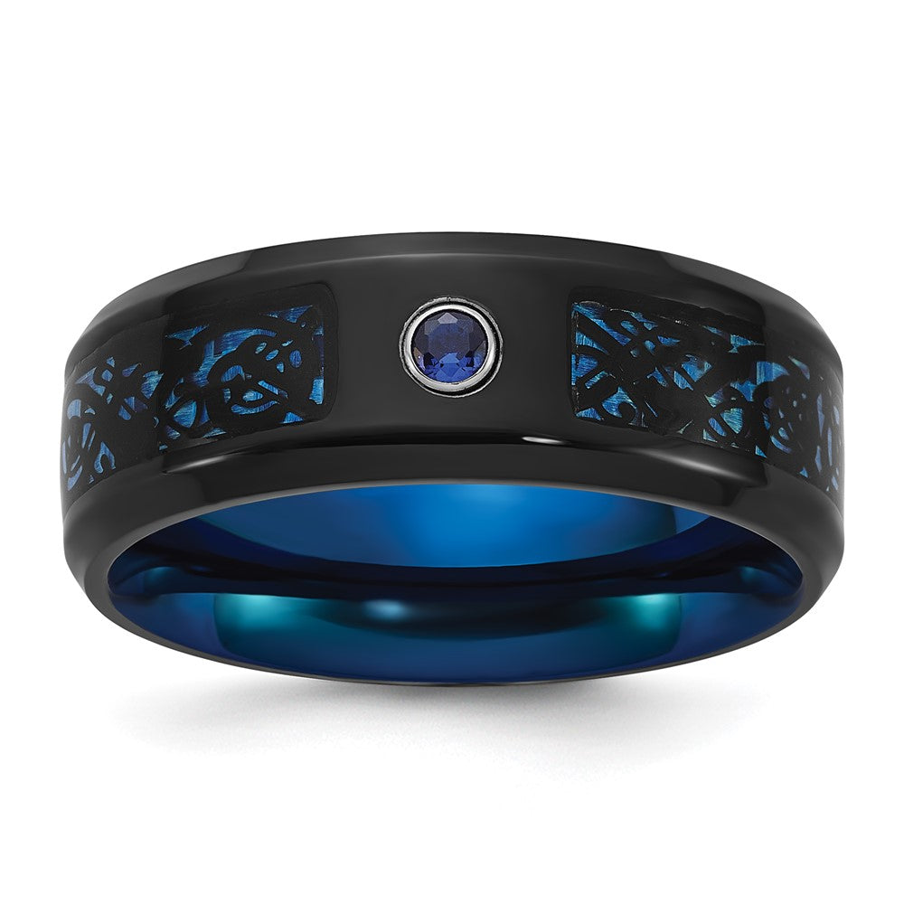 Chisel Stainless Steel Polished Black and Blue IP-plated with CZ Carbon Fiber Inlay in Clear Epoxy 8mm Band