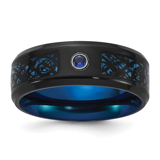 Chisel Stainless Steel Polished Black and Blue IP-plated with CZ Carbon Fiber Inlay in Clear Epoxy 8mm Band