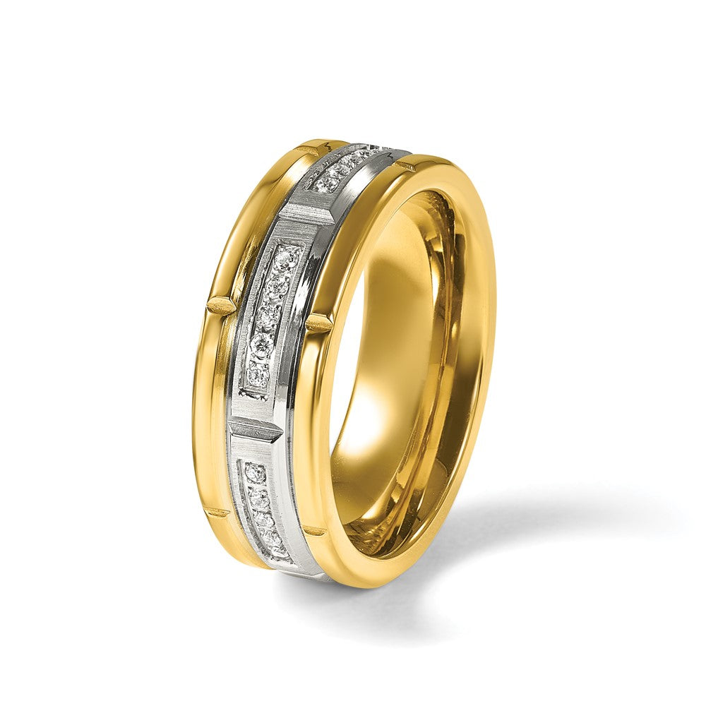 Chisel Stainless Steel Brushed and Polished Yellow IP-plated CZ 8mm Band